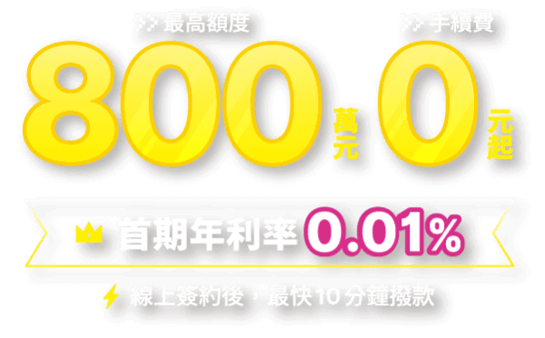 最高額度 800萬元 手續費0元起 首期年利率 0.01%
