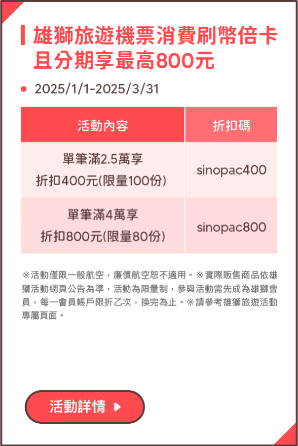 雄獅旅遊機票消費刷幣倍卡且分期享最高800元