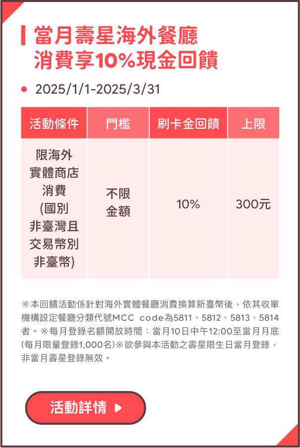 當月壽星海外餐廳消費享10%現金回饋