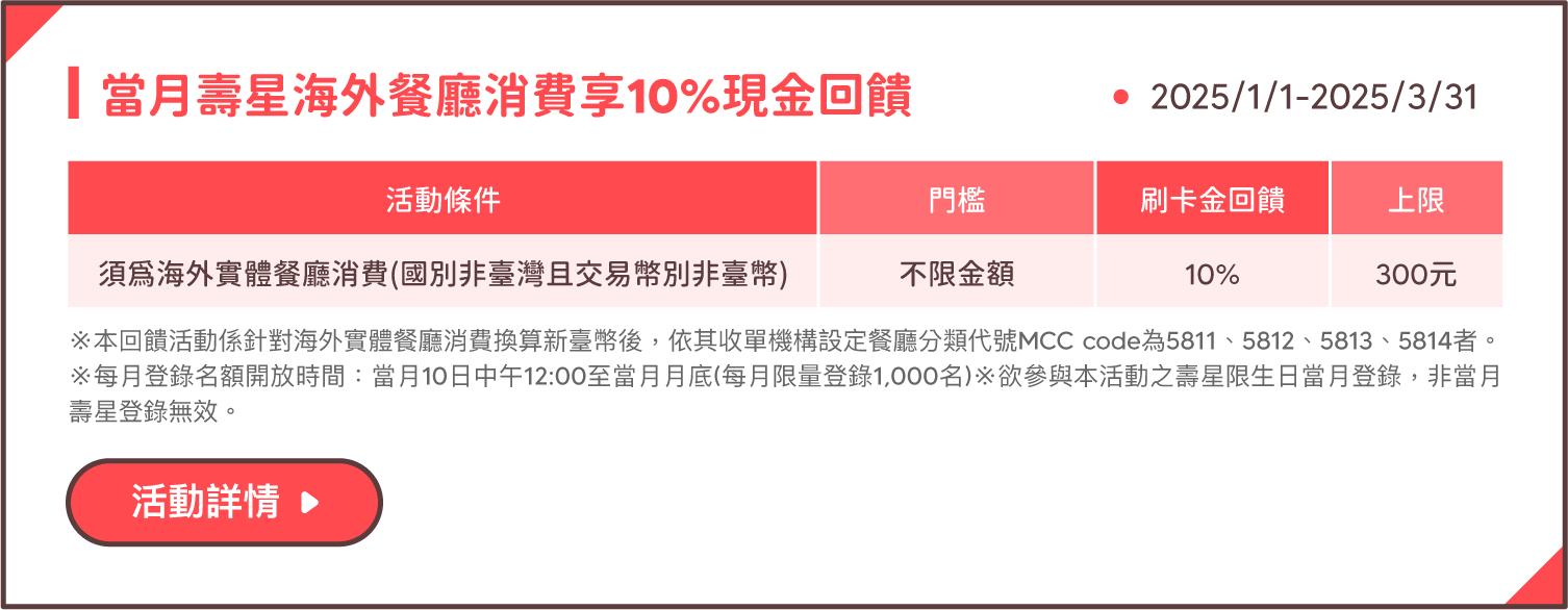 當月壽星海外餐廳消費享10%現金回饋