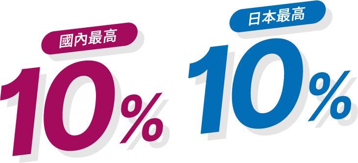 國內最高10% 日本最高10%