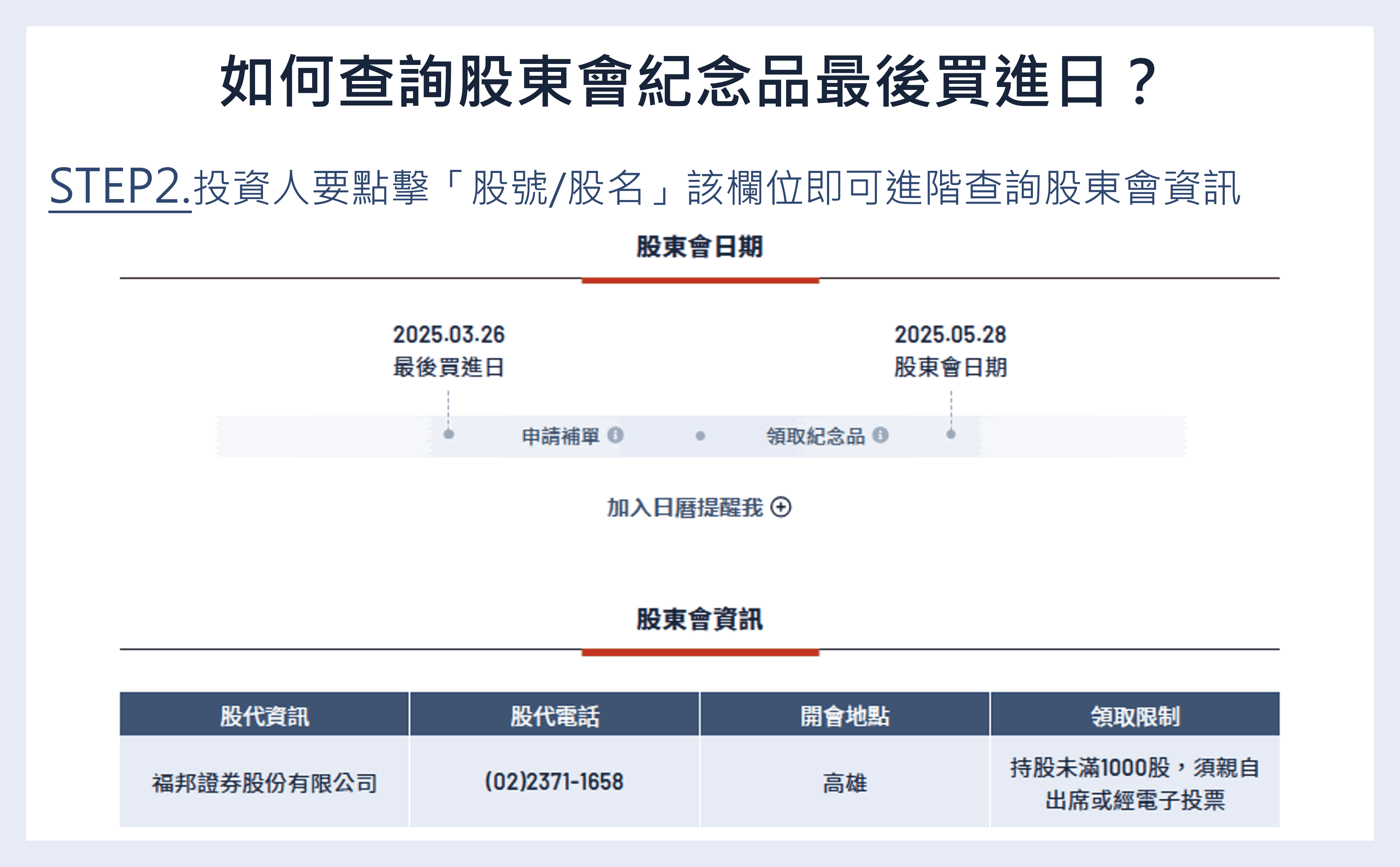 如何查詢股東會紀念品最後買進日?
