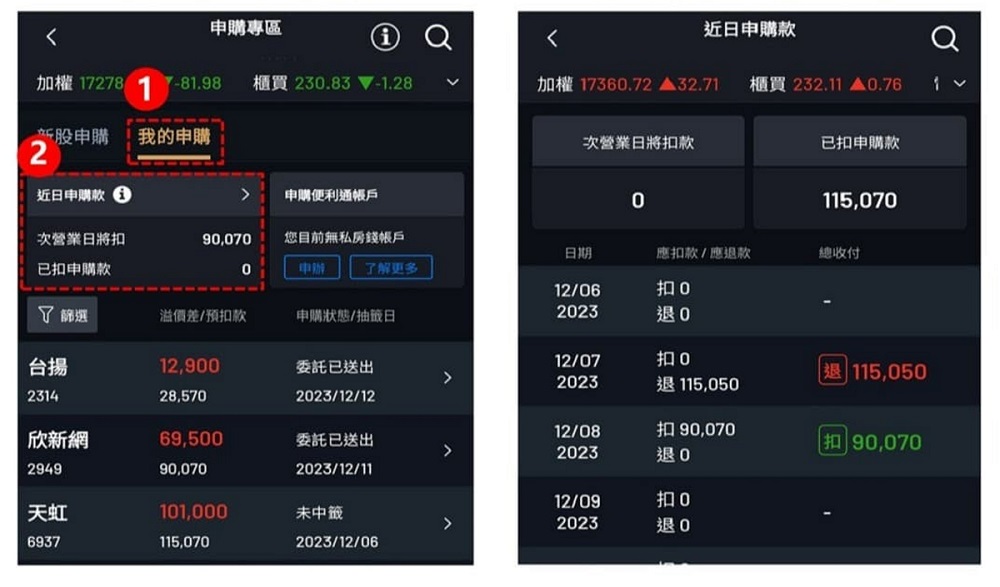 永豐金證券大戶投APP「近日申購款」確認畫面