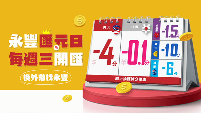 永豐週三匯元日 <b class='section-red'>換匯減分</b>優惠